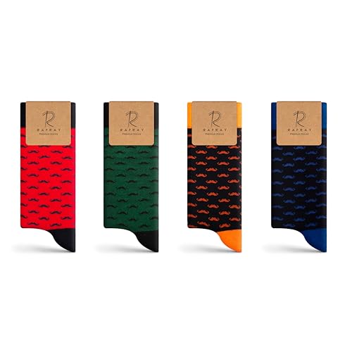 RAFRAY Premium Socken – Moustache – Funky Socken in Geschenkbox – Premium Baumwolle – 4 Paar – Größe 40-44 von RAFRAY