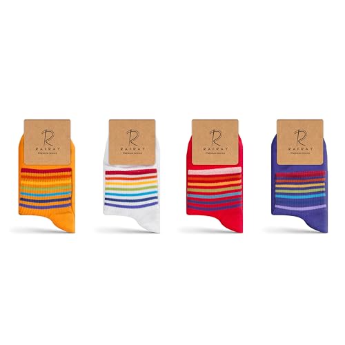 RAFRAY Socken - Regenbogen Gestreift Sportsocken - Bunte Sneakersocken in Geschenkbox - Premium Baumwolle - 4 Paar - Größe 36-40 von RAFRAY