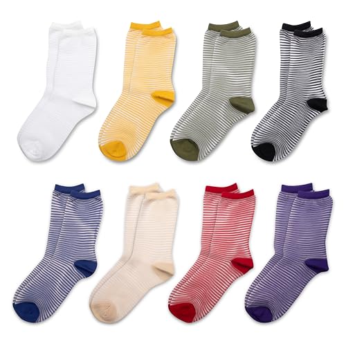 RAFRAY Transparente Socken – Bunte Transparent Damen Socken mit Streifenmuster – Crew-Länge – 8 Paar – Größe 36-40 von RAFRAY
