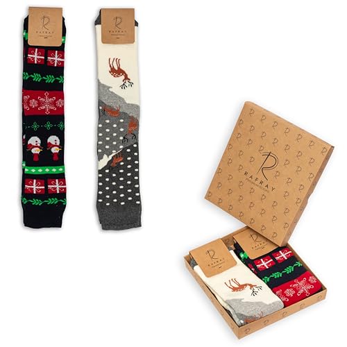 Rafray Knee Socks - Kniestrümpfe Für Damen Geschenkbox - Wintersocken - Navy Schneemann & Deer - Premium Baumwolle - 2 Paar - Größe 36-40, Grau, Rot, 36-40 von RAFRAY