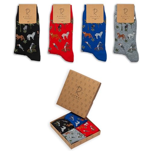 Rafray Socks Forest Animals - Unisex Socken Geschenkbox - Premium Baumwolle - 4 Paar - Größe 36-40, Rot, Schwarz, Blau, Grau, 36-40 von RAFRAY