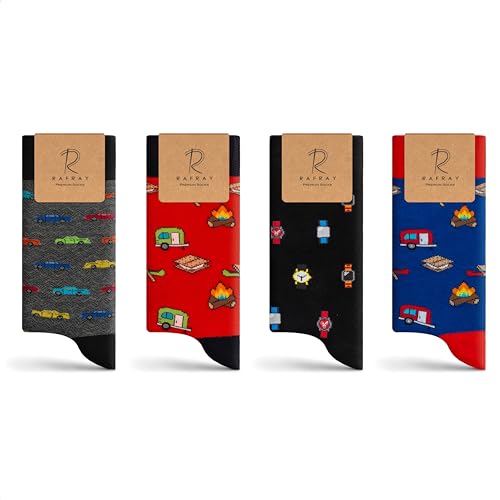 Rafray Socks Funky Socken Geschenkbox - Camping-Cars-Watch Socken - Premium Baumwolle - 4 Paar - Größe 40-44, Grey, Red, Black, Blue, 40-44 von RAFRAY