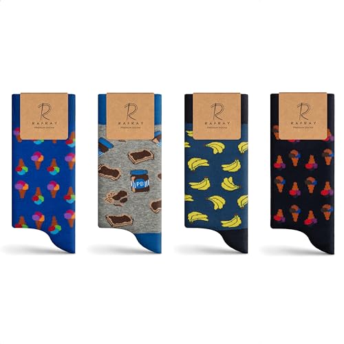 Rafray Socks Funky Socken Geschenkbox - Ice Cream Peanut Butter-Banana Socken - Premium Baumwolle - 4 Paar - Größe 40-44, Schwarz, Blau, Navy, Grau, 40-44 von RAFRAY