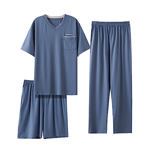 RAFYZY Herren 3-teiliges Modal-Pyjama-Set Sommer Plus Size V-Ausschnitt Kurzarm-Shorts Pjs Set L-4XL,2705,XXL von RAFYZY