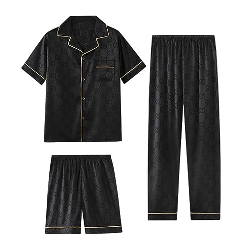 RAFYZY Herren 3-teiliges Pyjama-Set aus Seidenimitat Satin Langarm Nachtwäsche in Übergröße Loungewear Pjs Sets L-5XL,Pj04,5XL von RAFYZY