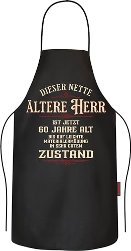 RAHMENLOS Geschenk für Männer zum 60.Geburtstag: Dieser nette ältere Herr ist jetzt 60 Jahre alt - Grillschürze Kochschürze Küchenschürze Baumwolle schwarz von RAHMENLOS