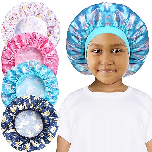 RAIBEATTY 4 Stück Schlafhaube Seide Kinder,Weiche Satin Bonnet Kinder Silk Bonnet,Schlafmütze zum Schlafen,Bonnet Sleep Cap Kids,Atmungsaktive Satin haube Schlafen für Kinder Mädchen (Einhorn-A) von RAIBEATTY