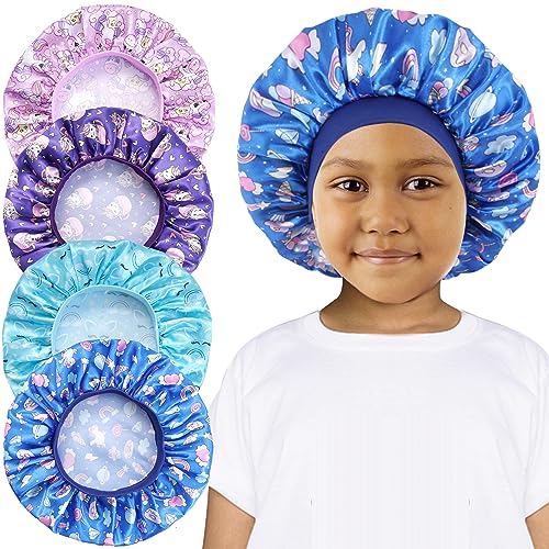 RAIBEATTY 4 Stück Schlafhaube Seide Kinder,Weiche Satin Bonnet Kinder Silk Bonnet,Schlafmütze zum Schlafen,Bonnet Sleep Cap Kids,Atmungsaktive Satin haube Schlafen für Kinder Mädchen (Einhorn-B) von RAIBEATTY