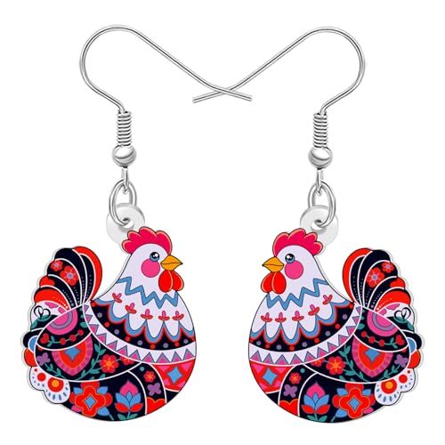 RAIDIN Acryl Cute Henne Huhn Ohrringe Hängend Boho Geschenke für Damen Mädchen Fun Floral Böhmische Bauernhof Tier Design Unique Schmuck Geschenke für Damen Zubehör (Rosa) von RAIDIN