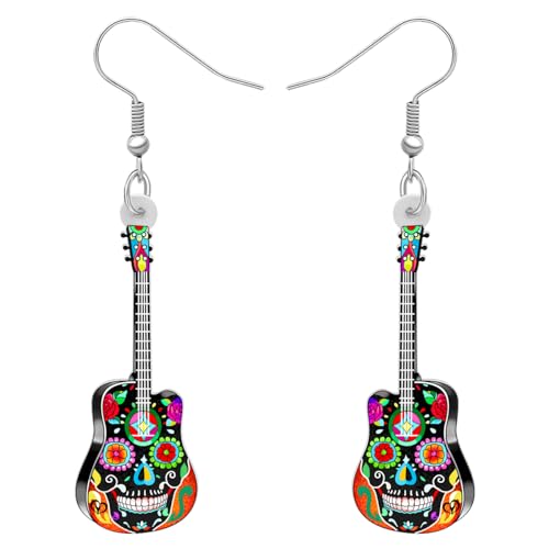 RAIDIN Acryl Kreative Musik Bass E-Gitarre Ohrringe für Damen Mädchen Geschenk Süße Baumeln Ohrringe Schmuck für Party Charms Dekorationen (Totenkopf-Ohrring) von RAIDIN