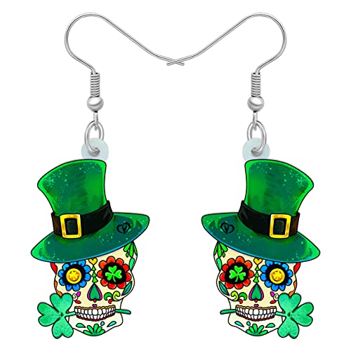 RAIDIN Acryl St. Patrick's Day Baumeln Ohrringe Geschenke für Damen Mädchen Halloween Zuckerschädel mit Shamrock Hut Ohrringe Schmuck für Festival Party Dekorationen (Grün) von RAIDIN