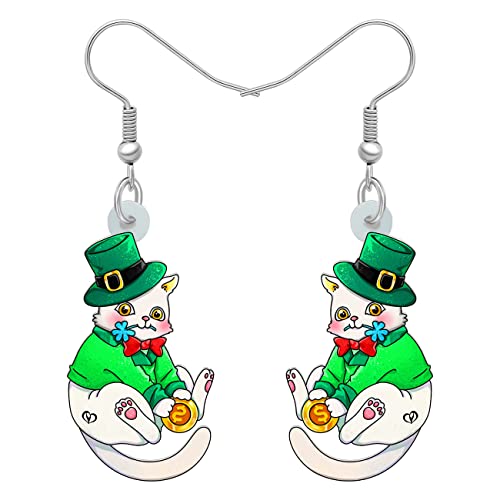 RAIDIN Acryl St. Patrick's Day baumeln Ohrringe Geschenke für Damen Mädchen süße schwarze Katze Kätzchen Haustiere mit Kleeblatt Hut Ohrringe Schmuck für Katzenliebhaber Dekorationen (Weiß) von RAIDIN