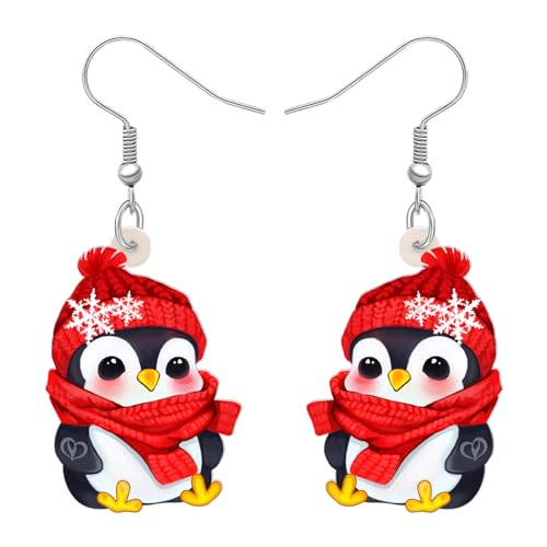 RAIDIN Acryl Weihnachten Ohrringe Geschenke für Damen Mädchen Kinder süße Ozean Tier Pinguin mit roten Hut Schal baumeln Ohrringe Schmuck für Urlaub Party Dekorationen (Rot) von RAIDIN