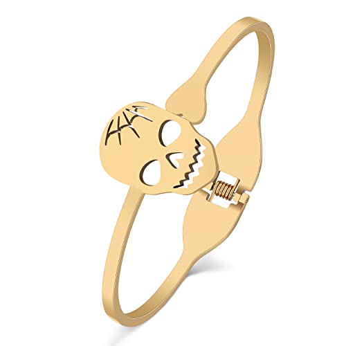 RAIDIN Armband Damen Edelstahl 18K Gold Silber Armbänder Strass Kristall Akzente Manschette Armreif Armband für Sie Frauen Mädchen Freundin Mama (Gold-046 Zucker-Schädel) von RAIDIN