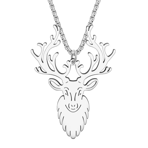 RAIDIN Edelstahl 18K Gold Silber plattiert süße Weihnachten ELK Halskette für Damen Mädchen Kinder Tier Hirsch Anhänger Modeschmuck für Geschenke Urlaub Party Dekorationen (Silber-137) von RAIDIN