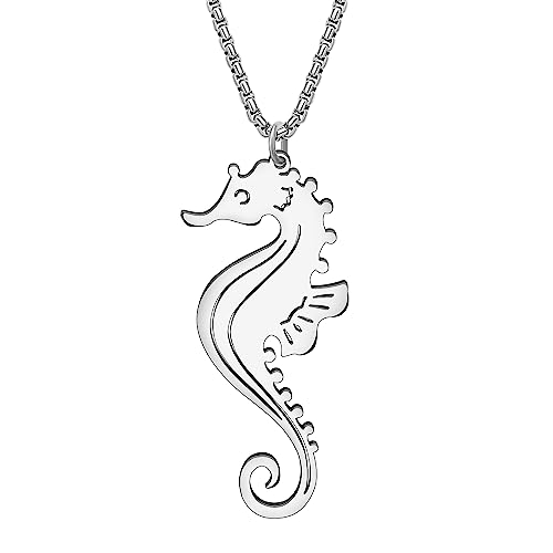 RAIDIN Edelstahl 18K Gold plattiert Meer Leben Hai Krabbe Seepferdchen Schildkröte Delphin Halskette für Damen Mädchen süße Ozean Tier Anhänger Schmuck für Geschenke (Silber-044 Seahorse) von RAIDIN