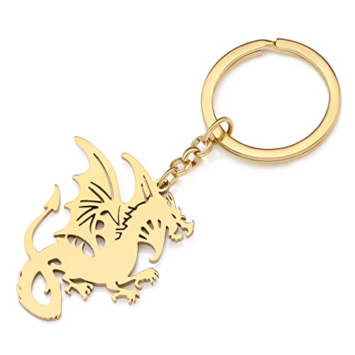 RAIDIN Edelstahl Gold Plattiert Schlüsselanhänger Dinosaurier Drache Schlüsselring für Damen Mädchen Geschenke Auto Geldbeutel Schlüssel Zubehör (Gold-021 Drache) von RAIDIN