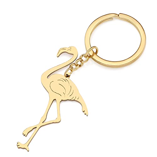 RAIDIN Edelstahl Gold Silber Plattiert Süße Tier Schlüsselanhänger Schlüsselring Geschenke für Damen Mädchen Auto Handtasche Schlüssel Charms Zubehör (Gold-172 Flamingo) von RAIDIN