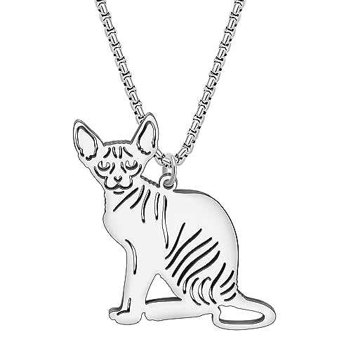 RAIDIN Edelstahl Tier Katze Halskette Anhänger für Damen Mädchen Gold plattiert Süße Kätzchen Halsketten Minimalistische Schmuck Geschenke für Katzenliebhaber Charms (Silber-102 Haarlose Sphynx) von RAIDIN