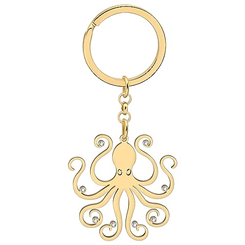 RAIDIN Edelstahl süße Ozean Tier Strass Krake Oktopus Schlüsselanhänger Schmuck Geschenke für Damen Mädchen Auto Handtasche Schlüssel (Gold-202) von RAIDIN