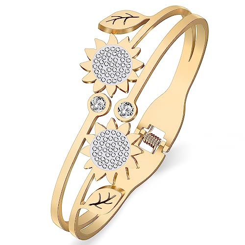 RAIDIN Gold Armreif Armband für Damen Mädchen 18K Gold plattiert Edelstahl zierlich Strass Kristall Akzent Blatt Manschette Armbänder Modeschmuck für Geschenke (Gold-067 Sonnenblume) von RAIDIN