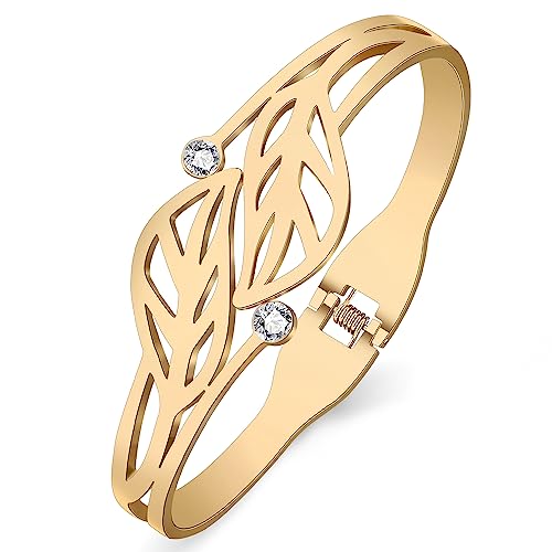 RAIDIN Gold Armreif Armband für Damen Mädchen 18K Gold plattiert Edelstahl zierlich Strass Kristall Akzent Blatt Manschette Armbänder Modeschmuck für Geschenke (Gold-069 Blatt) von RAIDIN