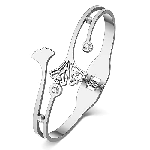 RAIDIN Gold Armreif Armband für Damen Mädchen 18K Gold plattiert Edelstahl zierlich Strass Kristall Akzent Blatt Manschette Armbänder Modeschmuck für Geschenke (Silber-055 Ginkgo Blatt) von RAIDIN