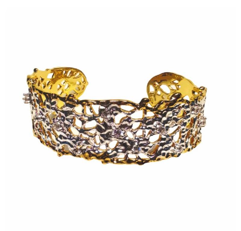 RAIKOU Armband Handgefertigter Armreif aus Bronze mit Zirkonia, Goldfarbene Hohlornamentik, Funkelnde Zirkonstein-Besatz von RAIKOU