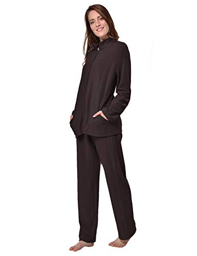 RAIKOU Damen Hausanzug Elegant Volltonfarbe Micro-Fleece Schlafanzug Freizeitanzug Hausanzug mit Reißverschluss (36/38,Coffee) von RAIKOU