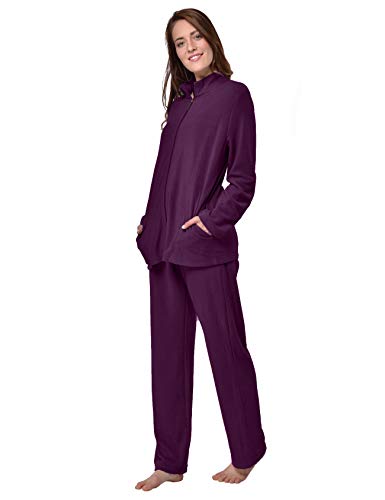 RAIKOU Damen Hausanzug Elegant Volltonfarbe Micro-Fleece Schlafanzug Freizeitanzug Hausanzug mit Reißverschluss (36/38,Granat) von RAIKOU