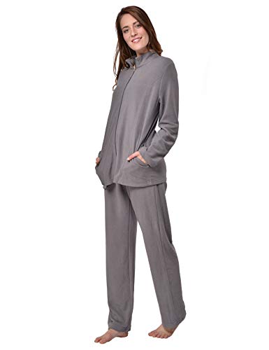 RAIKOU Damen Hausanzug Elegant Volltonfarbe Micro-Fleece Schlafanzug Freizeitanzug Hausanzug mit Reißverschluss (36/38,Grau) von RAIKOU