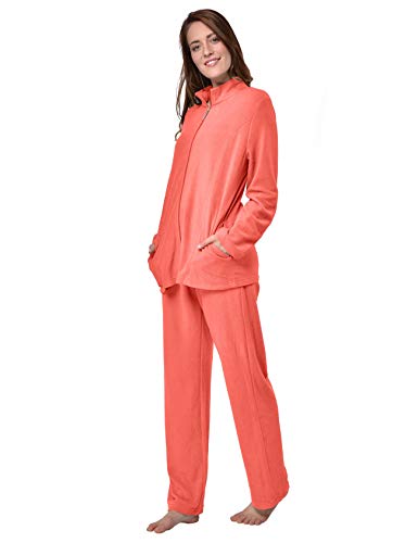 RAIKOU Damen Hausanzug Elegant Volltonfarbe Micro-Fleece Schlafanzug Freizeitanzug Hausanzug mit Reißverschluss (40/42,Koralle) von RAIKOU