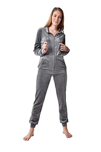 RAIKOU Damen Hausanzug Trainingsanzug Velours Nicki Freizeitanzug Jogginganzug Schlafanzug Kapuzenpullover mit Reißverschluss Hose mit Kordelzug und Taschen (Grau,40/42) von RAIKOU