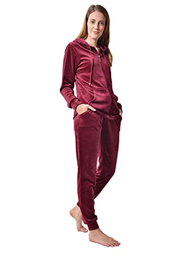 RAIKOU Damen Hausanzug Trainingsanzug Velours Nicki Freizeitanzug Jogginganzug Schlafanzug Kapuzenpullover mit Reißverschluss Hose mit Kordelzug und Taschen (Weinrot,48/50) von RAIKOU