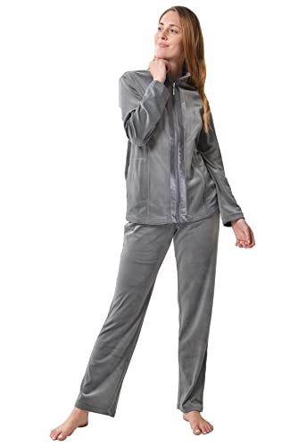 RAIKOU Damen Hausanzug Velours Nicki Freizeitanzug Trainingsanzug Jogginganzug Schlafanzug mit Reißverschluss umschlossen von Satin, Freizeit Zweiteilige Set Oberteil und Hose (40-42, Grau) von RAIKOU