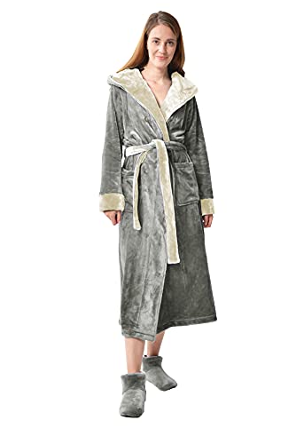 RAIKOU Damen Herren Bademantel, Morgenmantel, Saunamantel, Loungemantel mit Kapuze (Anthrazit/Champagne, XL) von RAIKOU