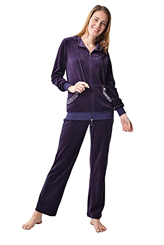 RAIKOU Damen Micro Velours Freizeitanzug Hausanzug mit Reißverschluss Nicki-Anzug Zweiteiliger Schlafanzug mit Strasssteinen (40/42, Dunkel Lila) von RAIKOU