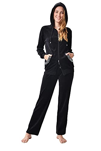 RAIKOU Damen Micro Velours Freizeitanzug Hausanzug mit Reißverschluss Nicki-Anzug Zweiteiliger Schlafanzug mit Strasssteinen (48/50, Schwarz) von RAIKOU