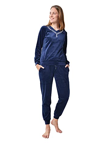 RAIKOU Damen Sport Freizeit Kristallsamt Anzug Krawatte Strassstein Langarm Kordelzug Tasche Trainingsanzug Jogginganzug Pyjamas Fitnessstudio Schlafzimmer Garten(40-42,Nachtblau) von RAIKOU