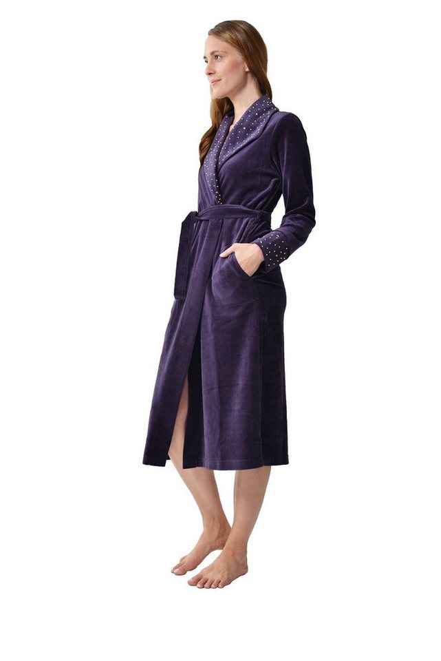 RAIKOU Damenbademantel Morgenmantel, Saunamantel, Loungemantel 80% Baumwolle, Unterschenkel, 80% Baumwolle, 20% Polyester, groß Revers, Gürtel, Mit hellem Strassstein von RAIKOU