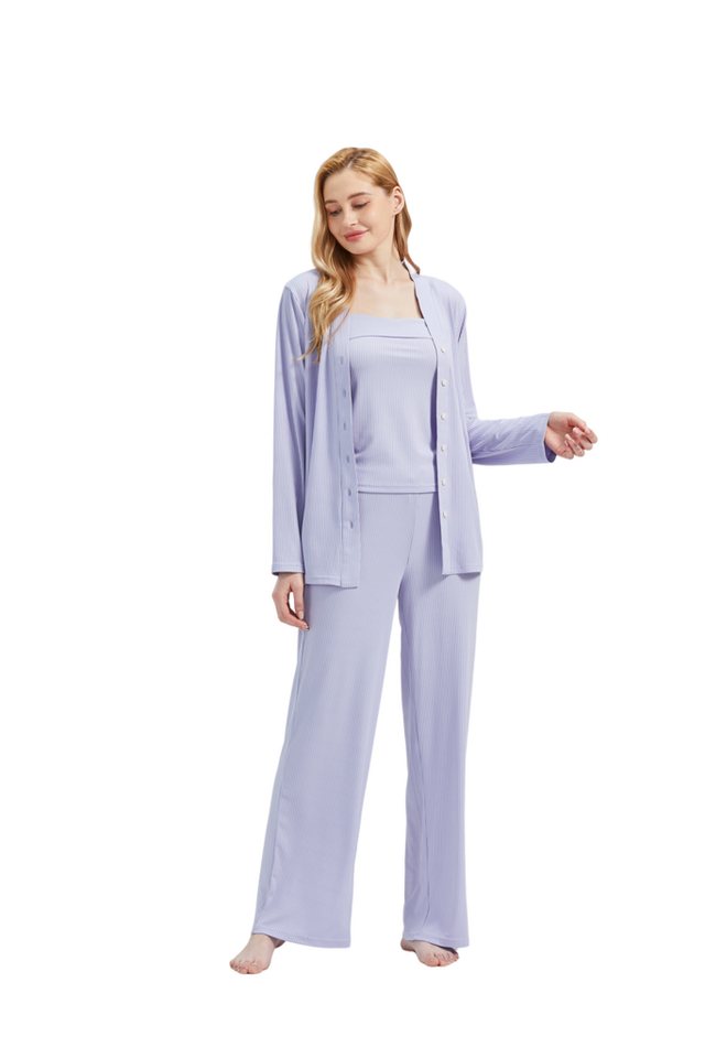 RAIKOU Schlafanzug Damen Pyjama-Set Damenwäsche V-Ausschnitt (Set, 3 tlg) incl.Jacket Top Hose von RAIKOU