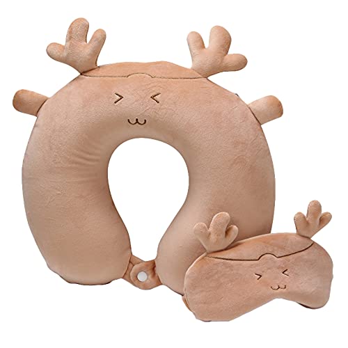 Elch Reisekissen Nackenkissen mit Schlafmaske, Memory Foam Nackenkissen Nackenhörnchen Kinder Reise Schlafkissen (Khaki) von RAILONCH