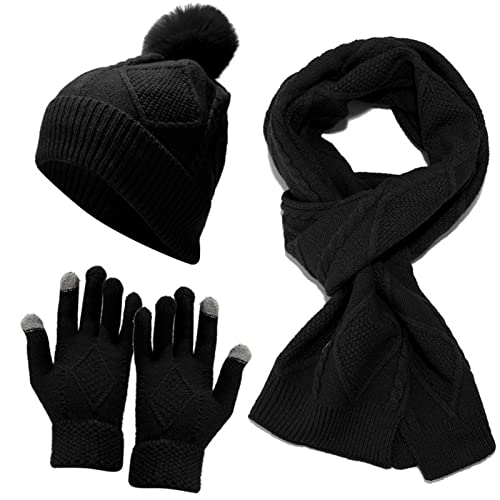RAILONCH Damen Schal Mütze Handschuhe Set, Warme Winterset Gestrickt Beanie Schnee Hut Strickschal, 3-In-1 Winter-Set (Schwarz) von RAILONCH