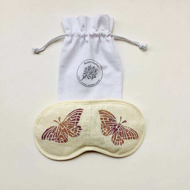 Lavendel Leinen Schlafmaske Handgedruckte Schmetterling Design von RAINAATELIER