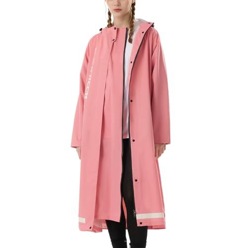 RAINFREEM Langer Damen-Regenmantel, wasserdicht, mit Kapuze, leicht, Windbreaker für den Außenbereich, Pink, X-Large von RAINFREEM