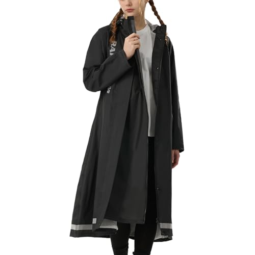 RAINFREEM Langer Damen-Regenmantel, wasserdicht, mit Kapuze, leicht, Windbreaker für den Außenbereich, Schwarz, Large von RAINFREEM