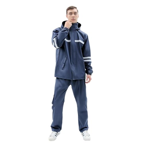 RAINFREEM Regenanzug für Damen und Herren, wasserdichte Regenjacke und Hosenanzug mit reflektierenden Streifen, Allsport-Regenmantel, Anti-Sturm, Marineblau, Small von RAINFREEM