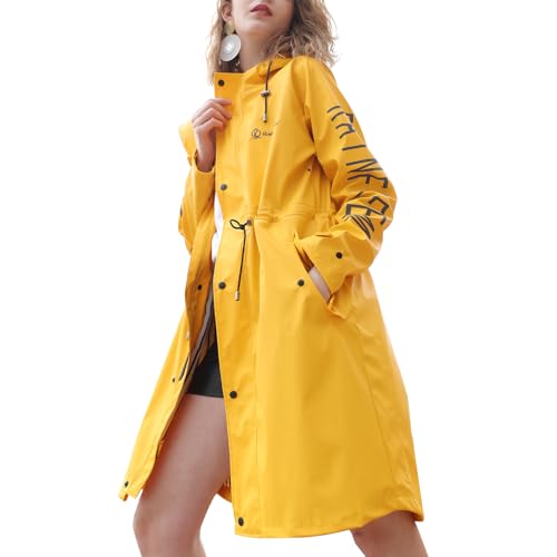 RAINFREEM Regenmantel für Damen, wasserdichte Regenjacken mit Kapuze, Wandermantel, Outdoor, leichte Windjacke, Kapuze, Trenchcoat, Verstellbare Taille-gelb, Medium von RAINFREEM