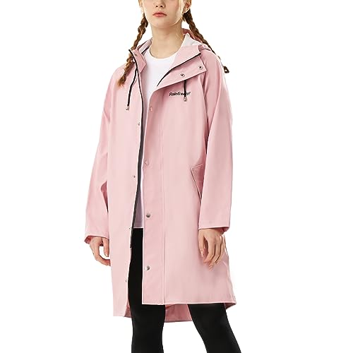 RAINFREEM Regenmantel für Damen, wasserdichte Regenjacken mit Kapuze, Wandermantel, Outdoor, leichter Windbreaker, Trenchcoat mit Kapuze, Pink, X-Large von RAINFREEM