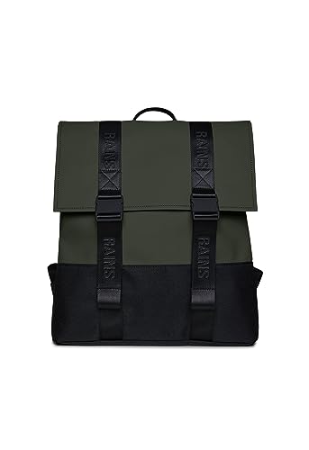 RAINS Uni Rucksack aus 100% Polyester, PU-beschichtet, Modell Trail MSN Bag W3, Maße: 39 x 36 x 15 cm, Fassungsvermögen 21 Liter, gepolsterte Innentasche für 16-Zoll-Laptop, Schutz., grün, M von RAINS